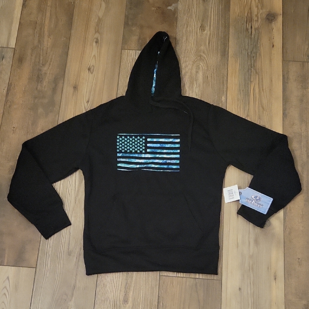 Mossy Oak Black Hoodie with Blue Flag Design
